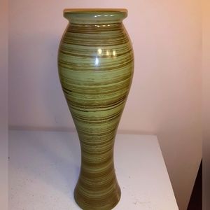 Art glass vase, green and brown stripes.